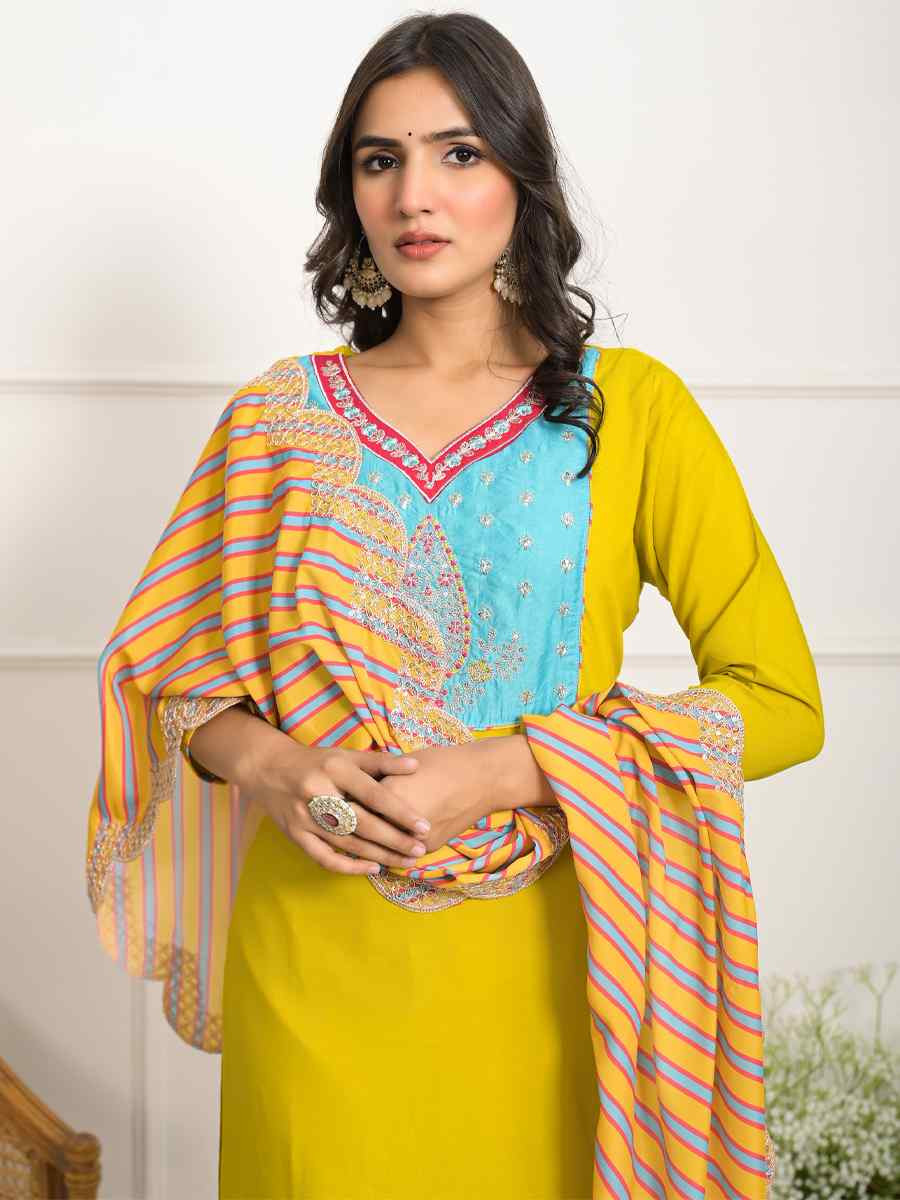 Yellow Viscose Embroidered Festival Wedding Pant Salwar Kameez