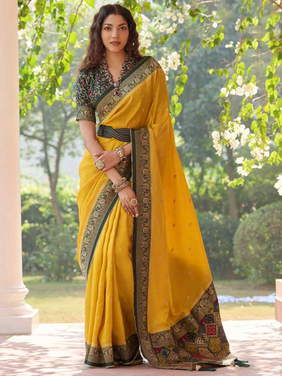 Yellow Viscose Handwoven Festival Wedding Heavy Border Saree