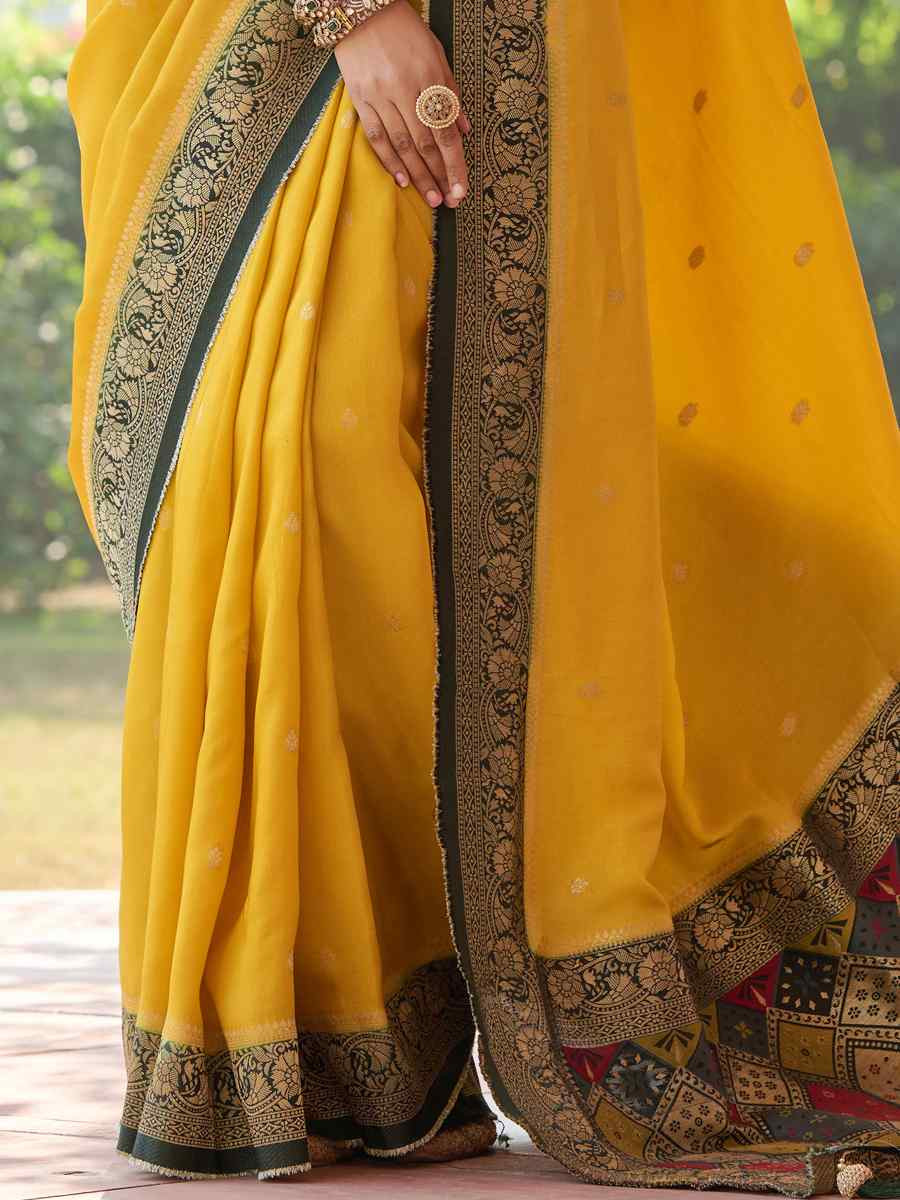 Yellow Viscose Handwoven Festival Wedding Heavy Border Saree