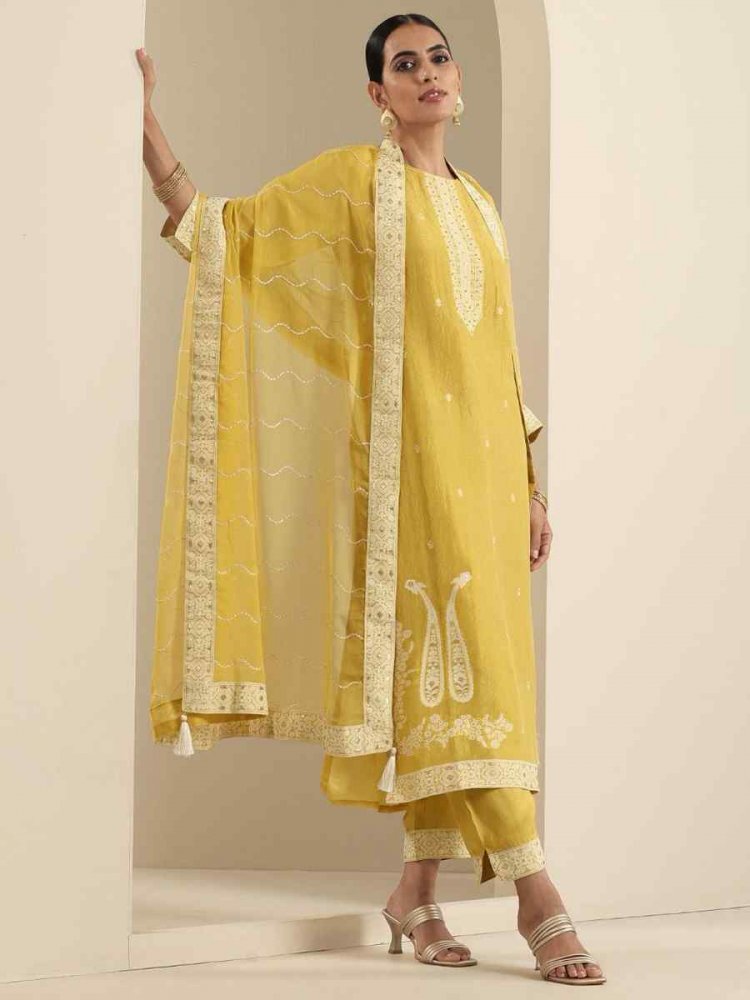 Yellow Viscose Jacquard Embroidered Festival Mehendi Ready Pant Salwar Kameez