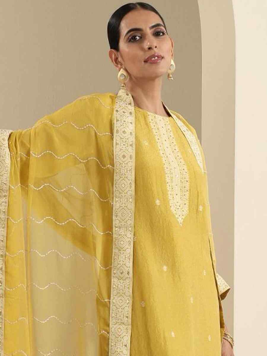 Yellow Viscose Jacquard Embroidered Festival Mehendi Ready Pant Salwar Kameez