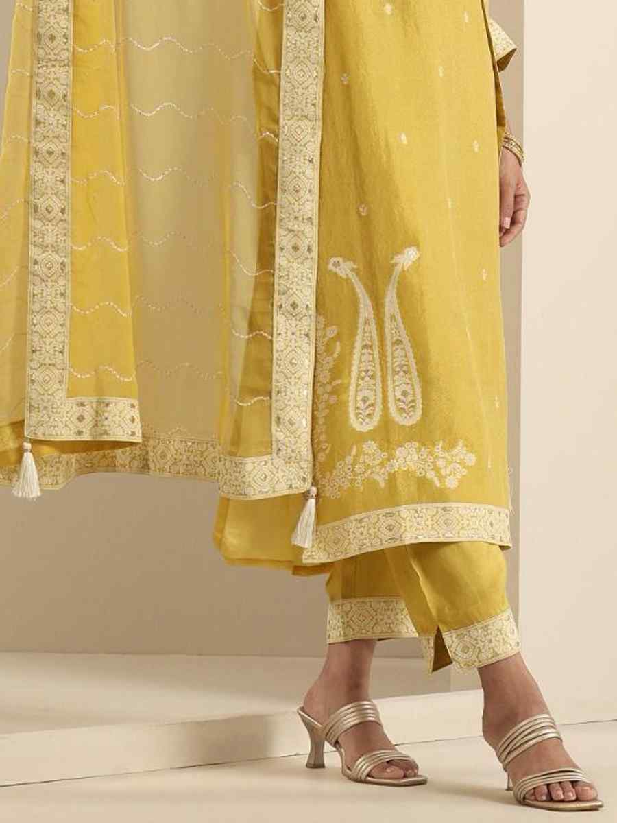 Yellow Viscose Jacquard Embroidered Festival Mehendi Ready Pant Salwar Kameez