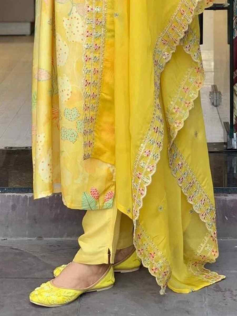 Yellow Viscose Maslin Embroidered Festival Casual Ready Pant Salwar Kameez