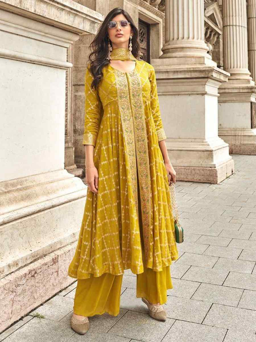 Yellow Viscose Muslin Jacquard Embroidered Festival Casual Palazzo Pant Salwar Kameez