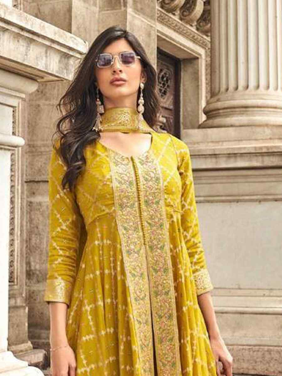 Yellow Viscose Muslin Jacquard Embroidered Festival Casual Palazzo Pant Salwar Kameez