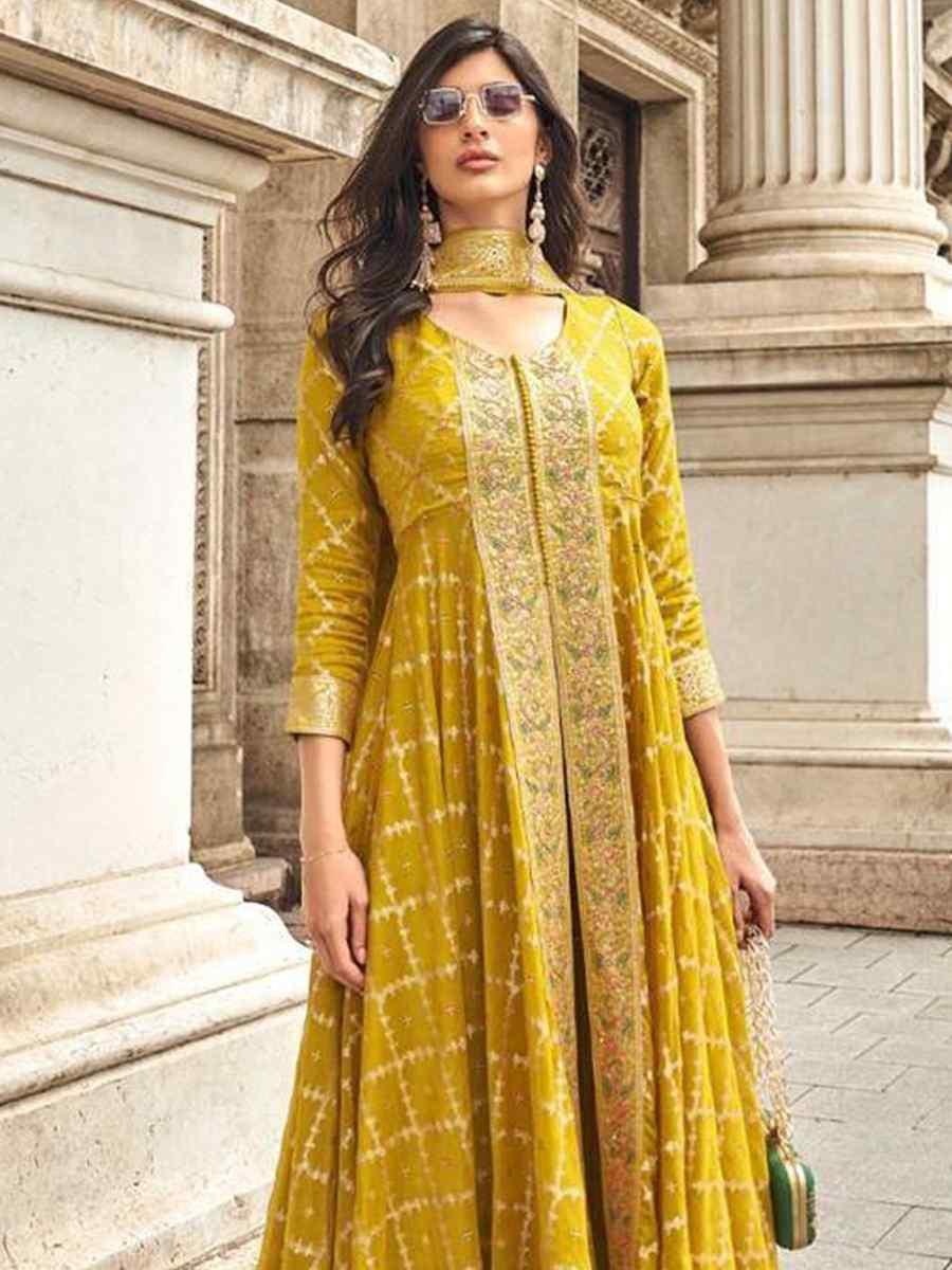 Yellow Viscose Muslin Jacquard Embroidered Festival Casual Palazzo Pant Salwar Kameez