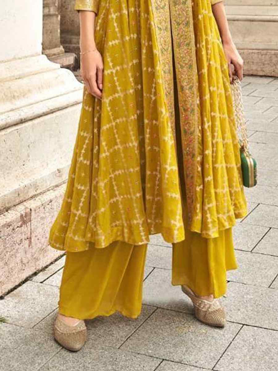 Yellow Viscose Muslin Jacquard Embroidered Festival Casual Palazzo Pant Salwar Kameez