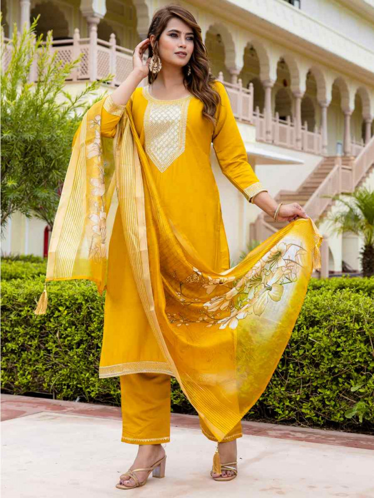 Yellow Viscose Rayon Embroidered Festival Casual Ready Pant Salwar Kameez