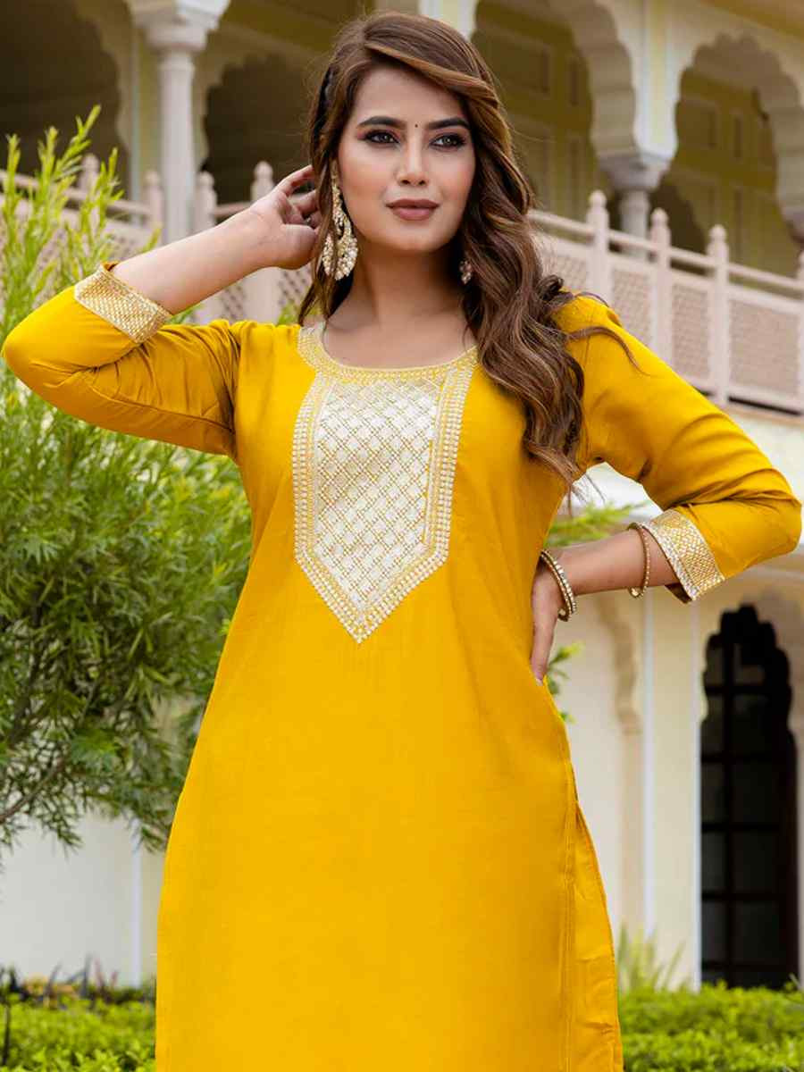 Yellow Viscose Rayon Embroidered Festival Casual Ready Pant Salwar Kameez