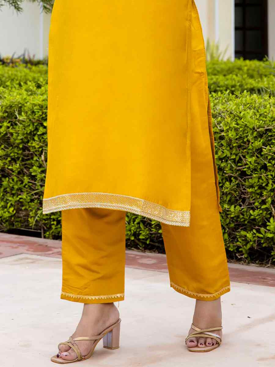 Yellow Viscose Rayon Embroidered Festival Casual Ready Pant Salwar Kameez