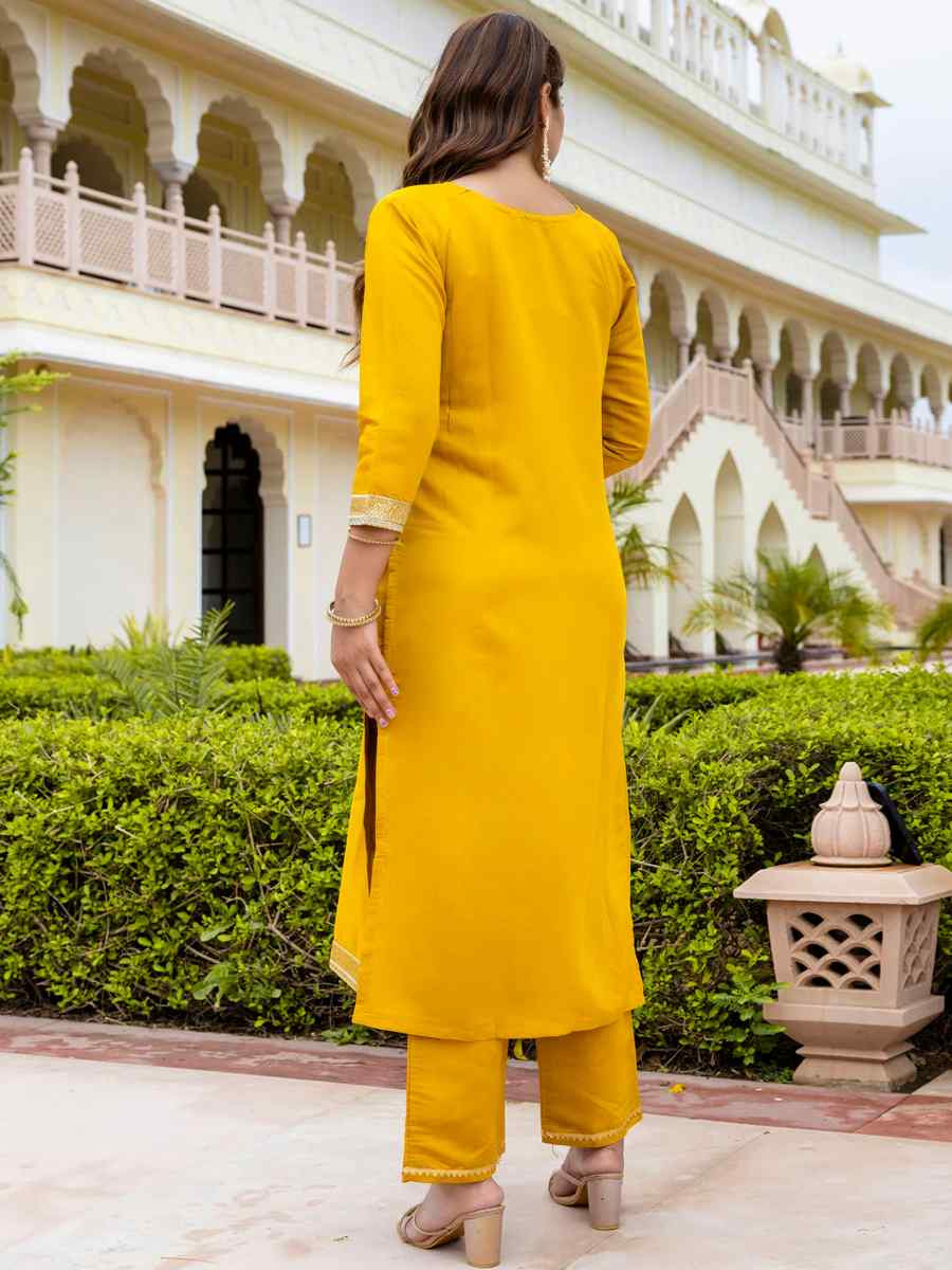 Yellow Viscose Rayon Embroidered Festival Casual Ready Pant Salwar Kameez