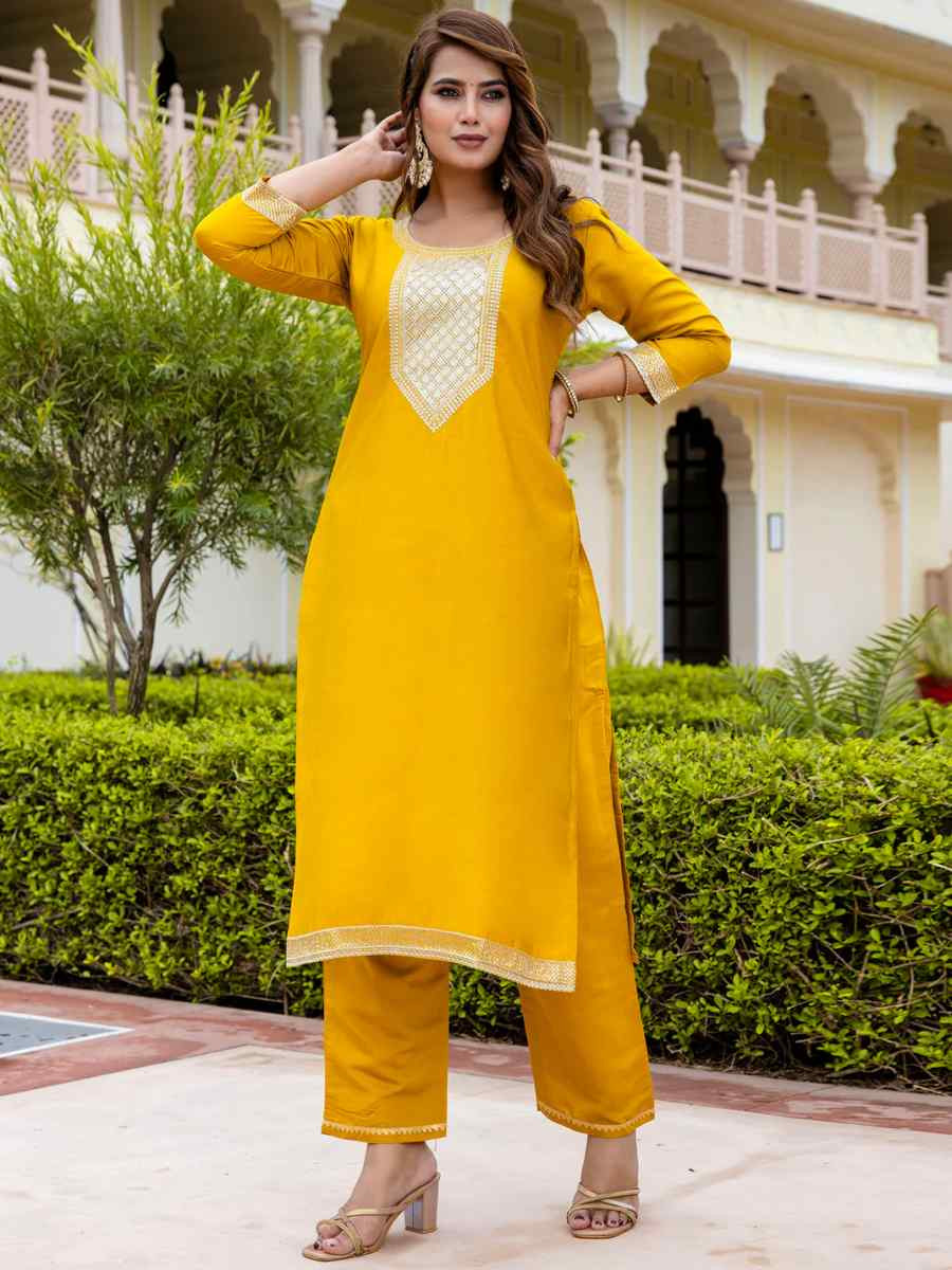 Yellow Viscose Rayon Embroidered Festival Casual Ready Pant Salwar Kameez