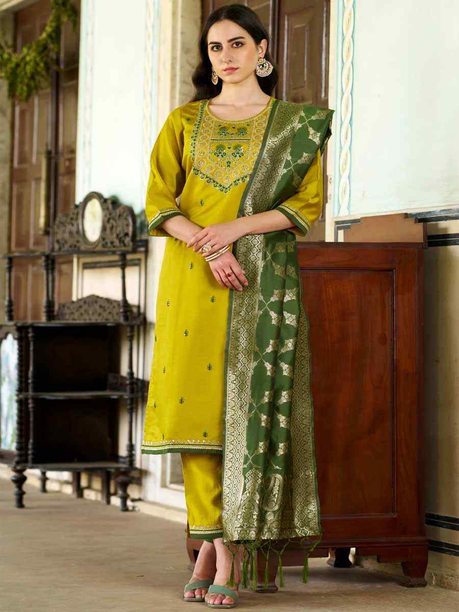 Yellow Viscose Rayon Embroidered Festival Mehendi Ready Pant Salwar Kameez