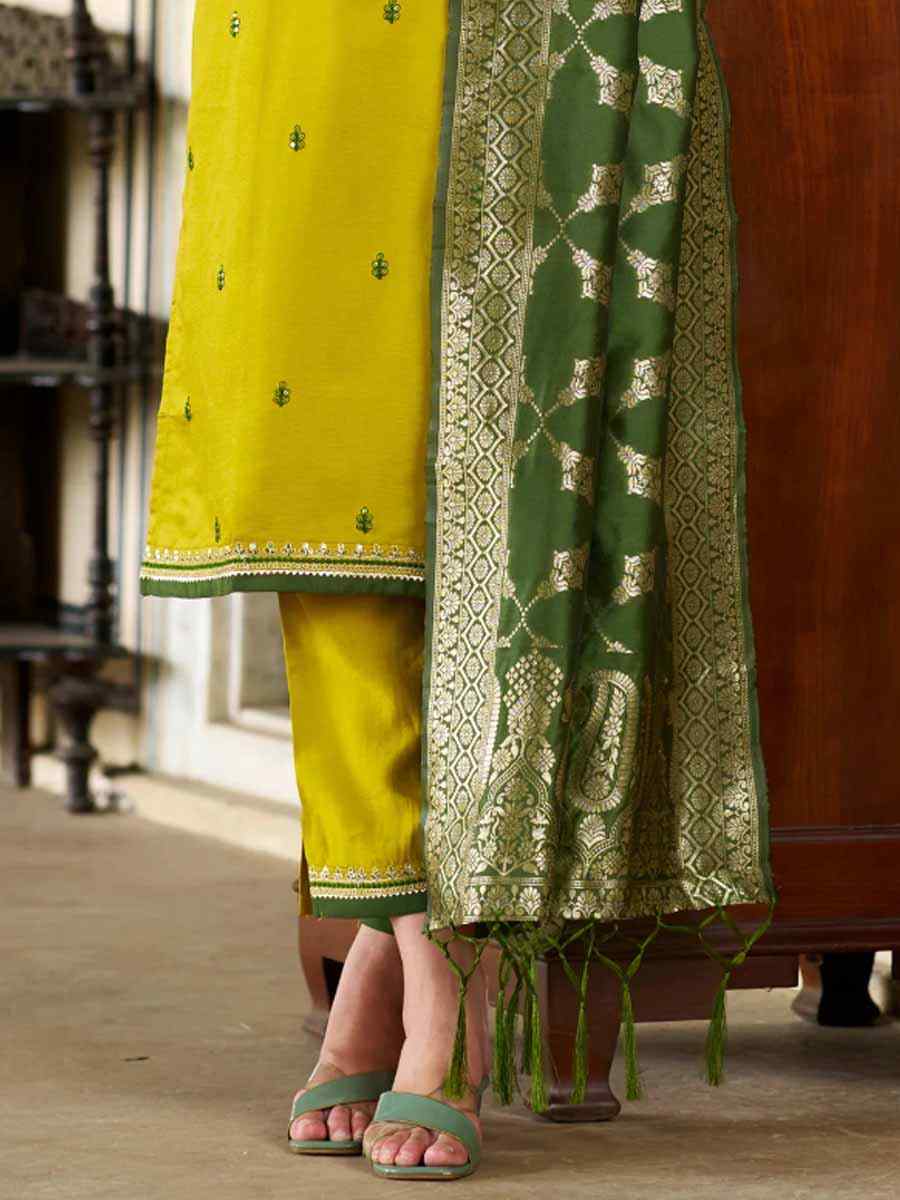 Yellow Viscose Rayon Embroidered Festival Mehendi Ready Pant Salwar Kameez