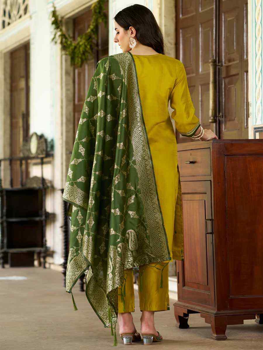 Yellow Viscose Rayon Embroidered Festival Mehendi Ready Pant Salwar Kameez