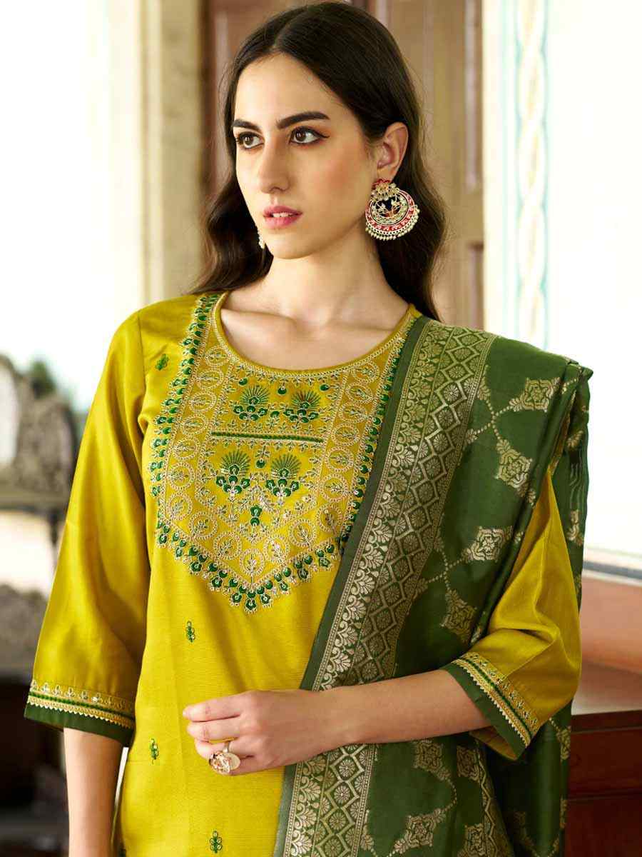 Yellow Viscose Rayon Embroidered Festival Mehendi Ready Pant Salwar Kameez