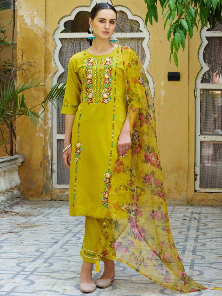 Yellow Viscose Rayon Embroidered Festival Mehendi Ready Pant Salwar Kameez