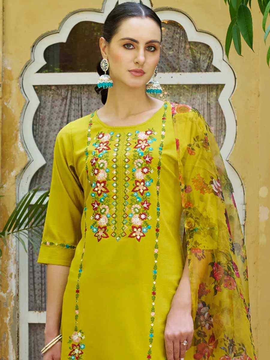 Yellow Viscose Rayon Embroidered Festival Mehendi Ready Pant Salwar Kameez