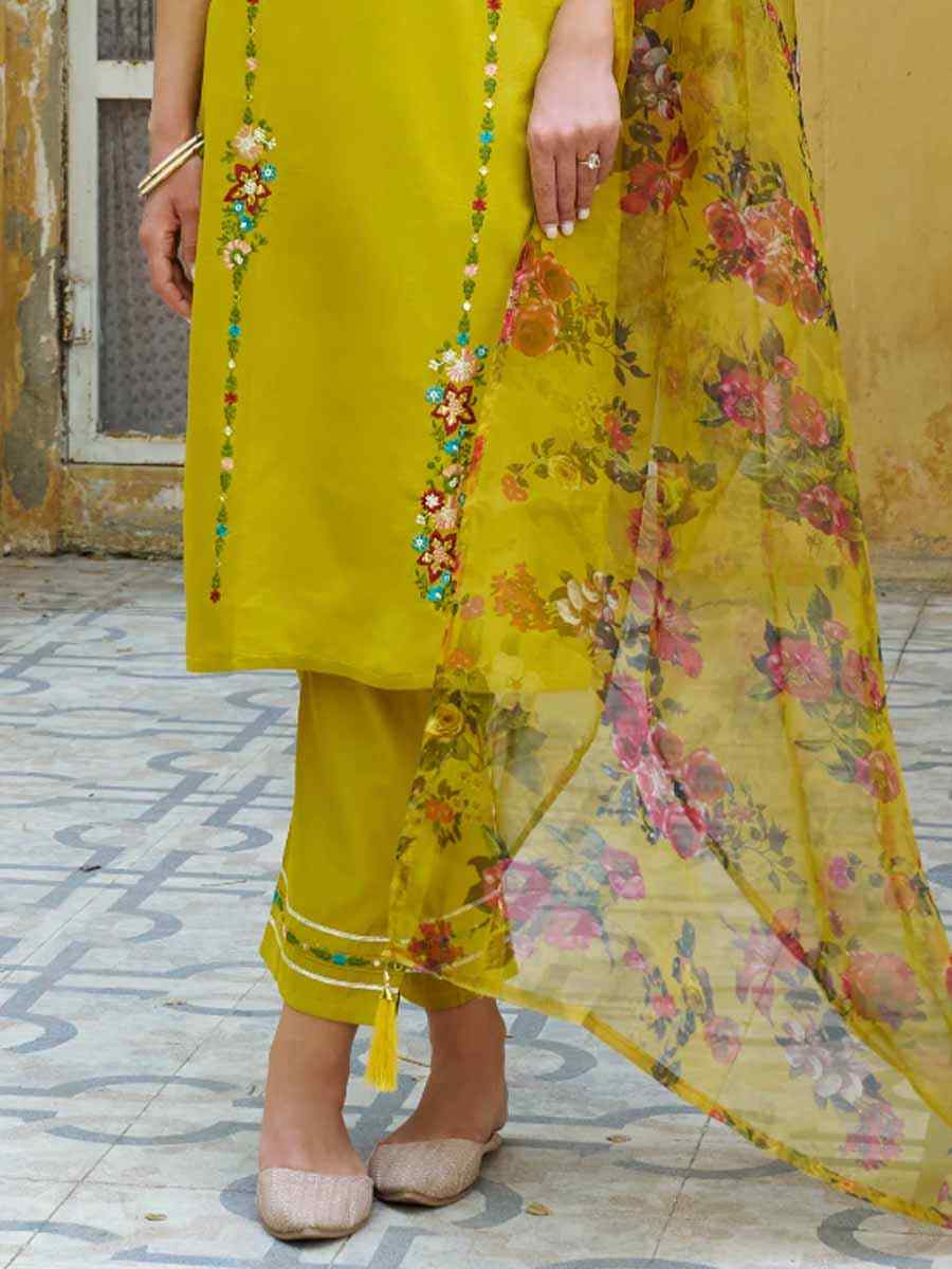 Yellow Viscose Rayon Embroidered Festival Mehendi Ready Pant Salwar Kameez