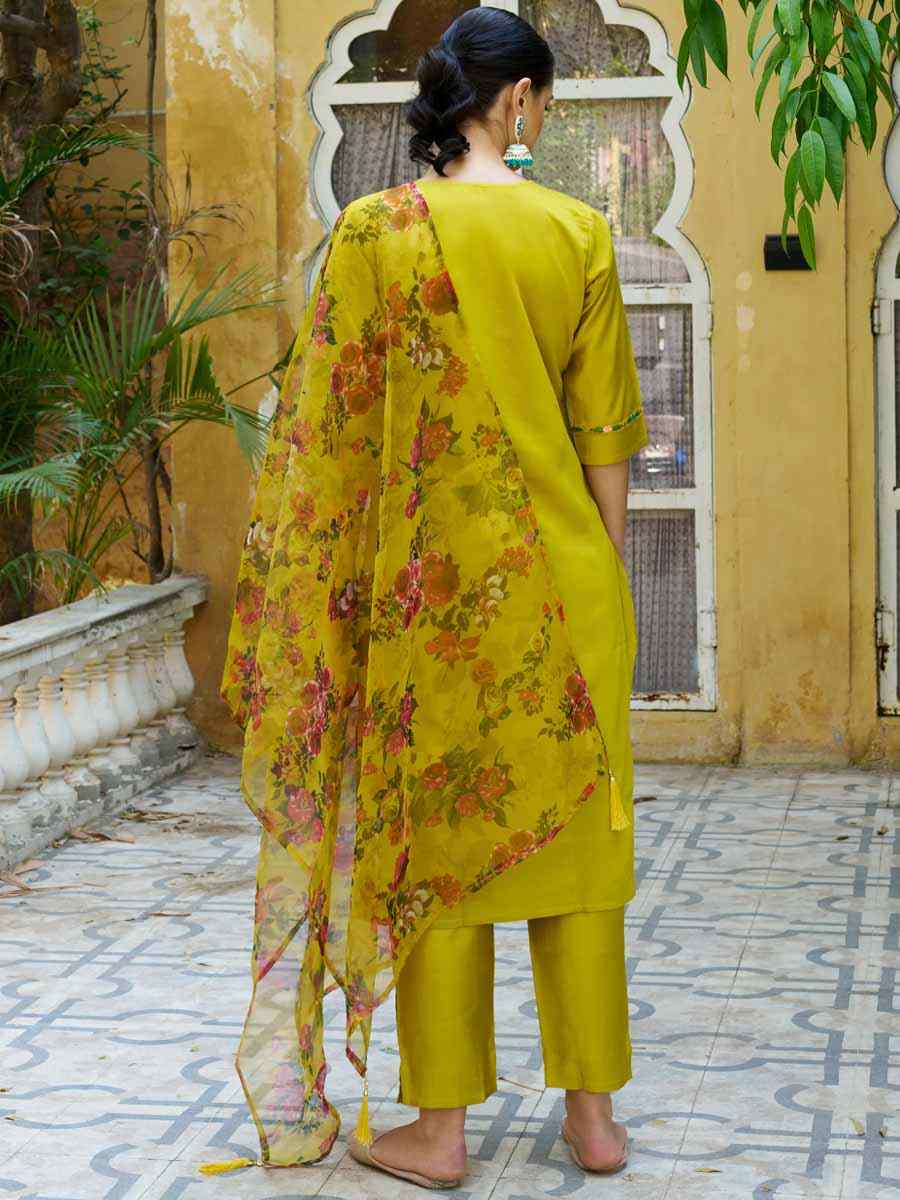 Yellow Viscose Rayon Embroidered Festival Mehendi Ready Pant Salwar Kameez