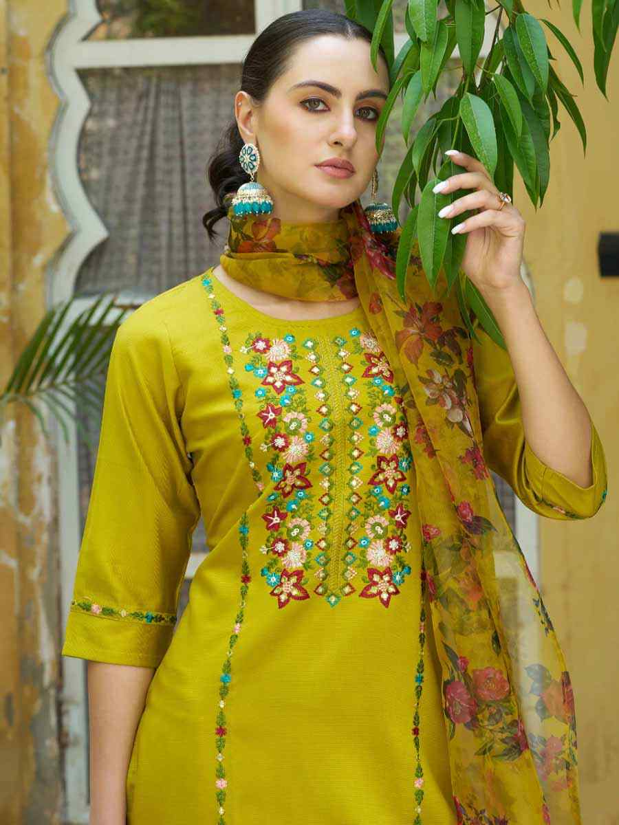 Yellow Viscose Rayon Embroidered Festival Mehendi Ready Pant Salwar Kameez