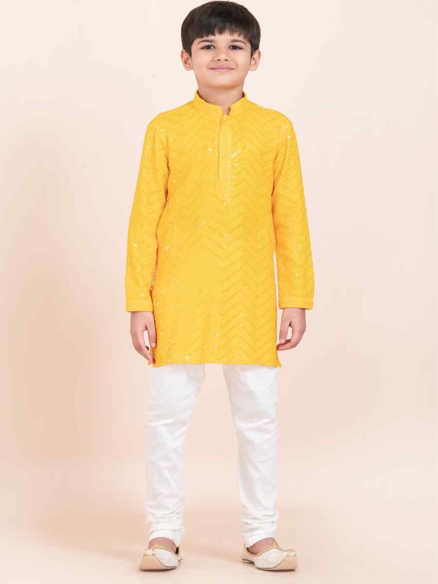 Yellow Viscose RayonEmbroidered Festival Traditional Kurta Pyjama Boys Wear