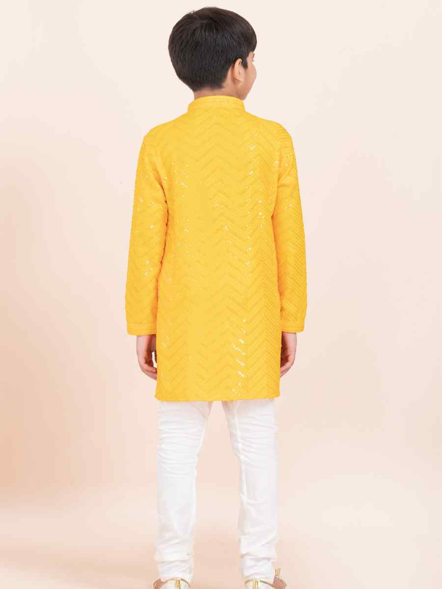 Yellow Viscose RayonEmbroidered Festival Traditional Kurta Pyjama Boys Wear
