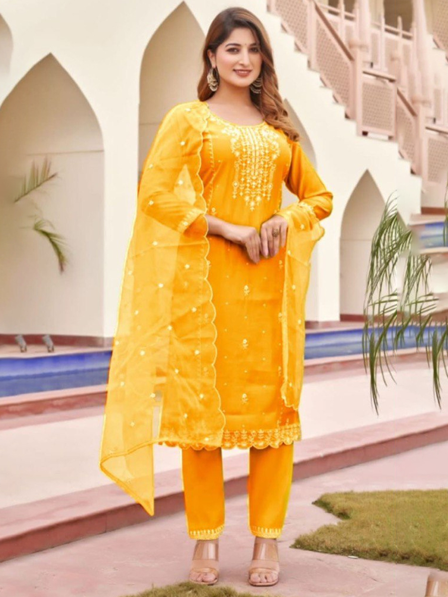 Yellow Viscose Roman Silk Embroidered Festival Casual Ready Pant Salwar Kameez