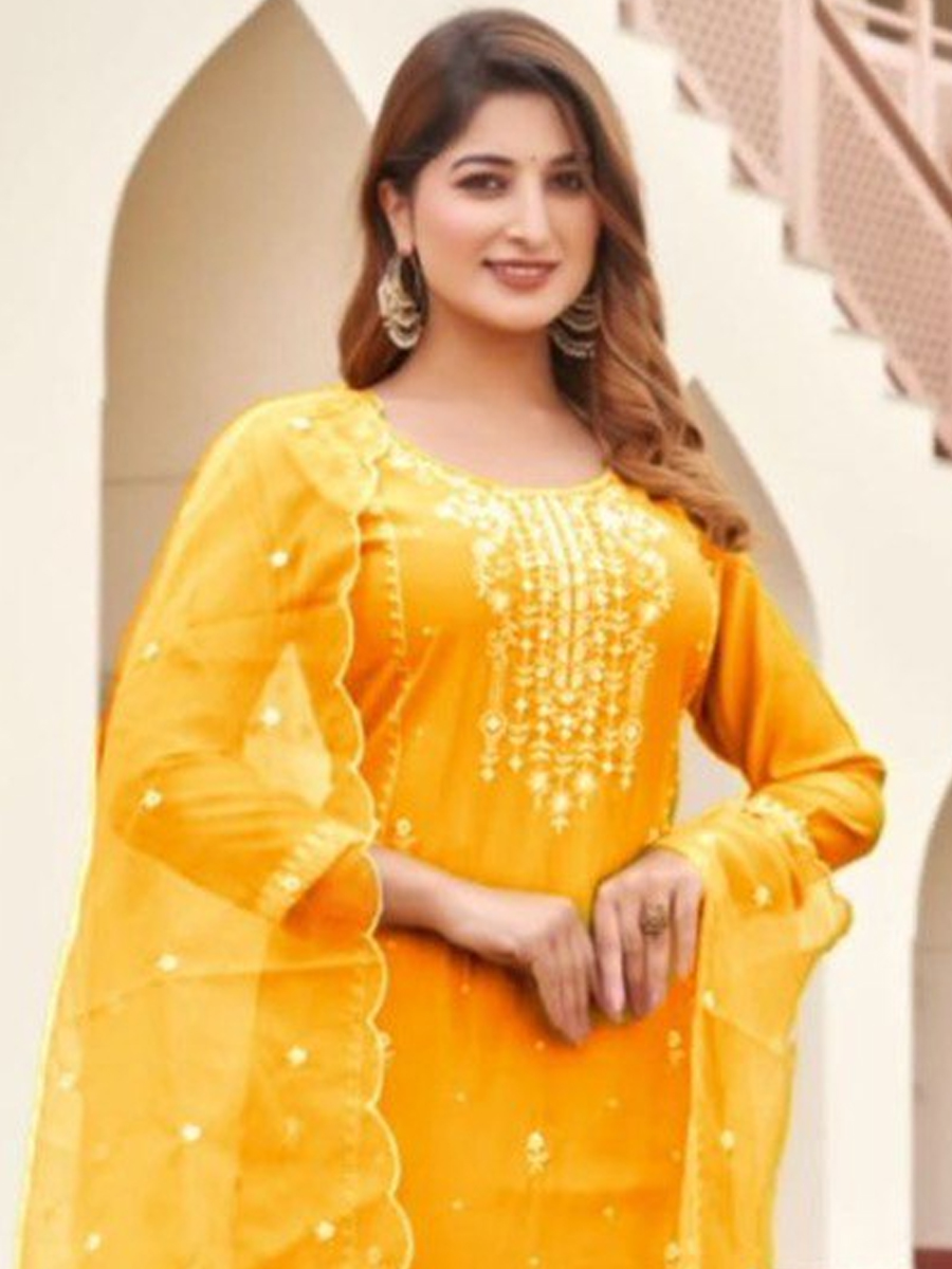 Yellow Viscose Roman Silk Embroidered Festival Casual Ready Pant Salwar Kameez