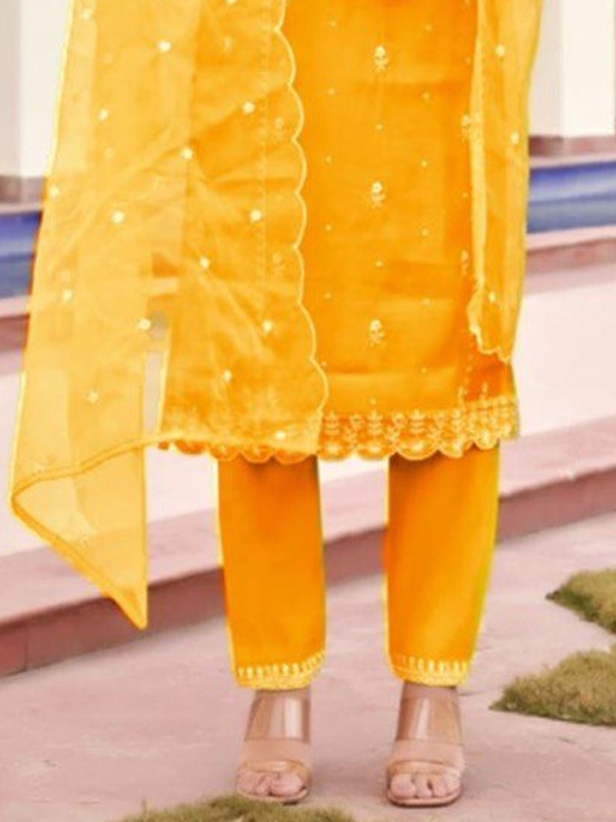 Yellow Viscose Roman Silk Embroidered Festival Casual Ready Pant Salwar Kameez