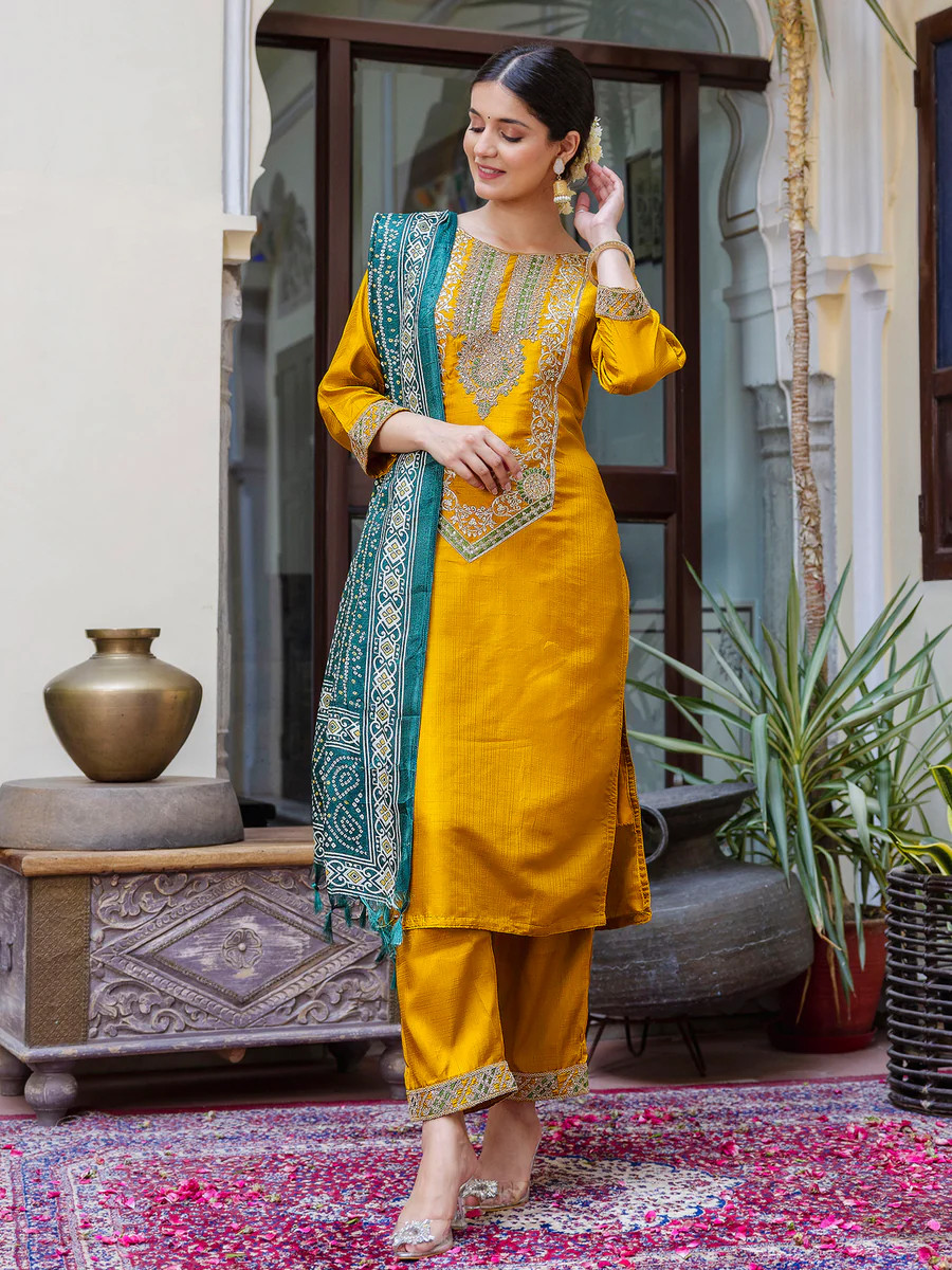 Yellow Viscose Roman Silk Embroidered Festival Party Ready Pant Salwar Kameez