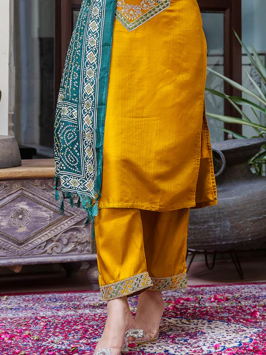 Yellow Viscose Roman Silk Embroidered Festival Party Ready Pant Salwar Kameez