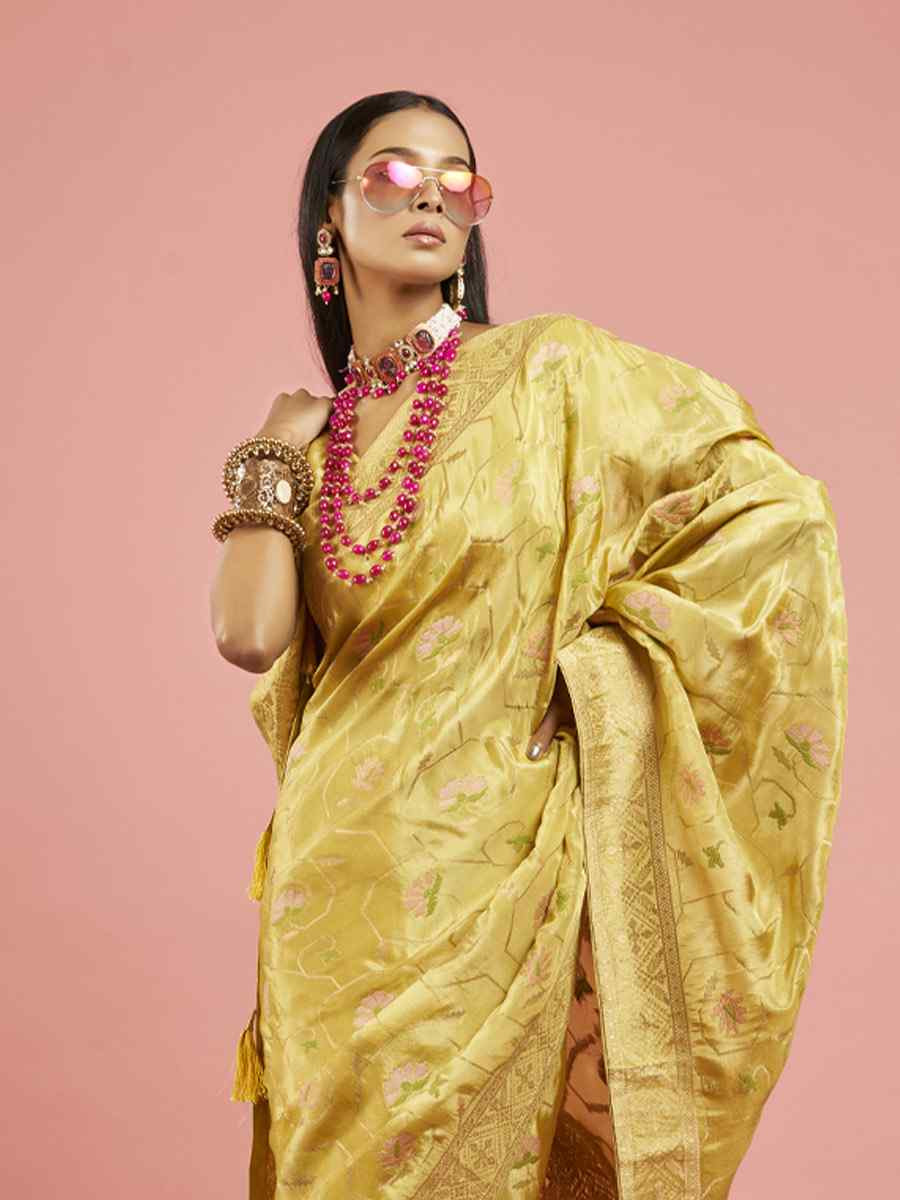 Yellow ViscoseTissue Embroidered Festival Wedding Heavy Border Saree