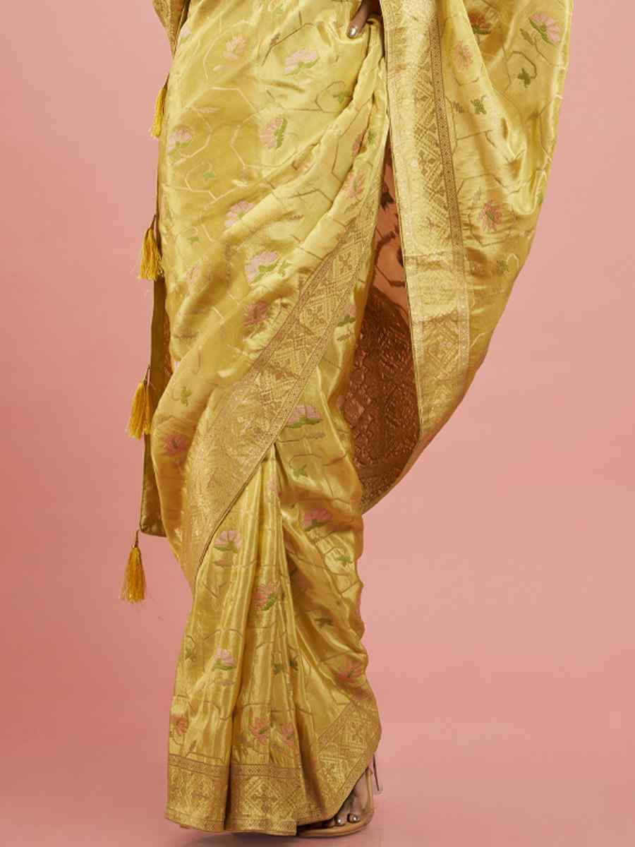 Yellow ViscoseTissue Embroidered Festival Wedding Heavy Border Saree